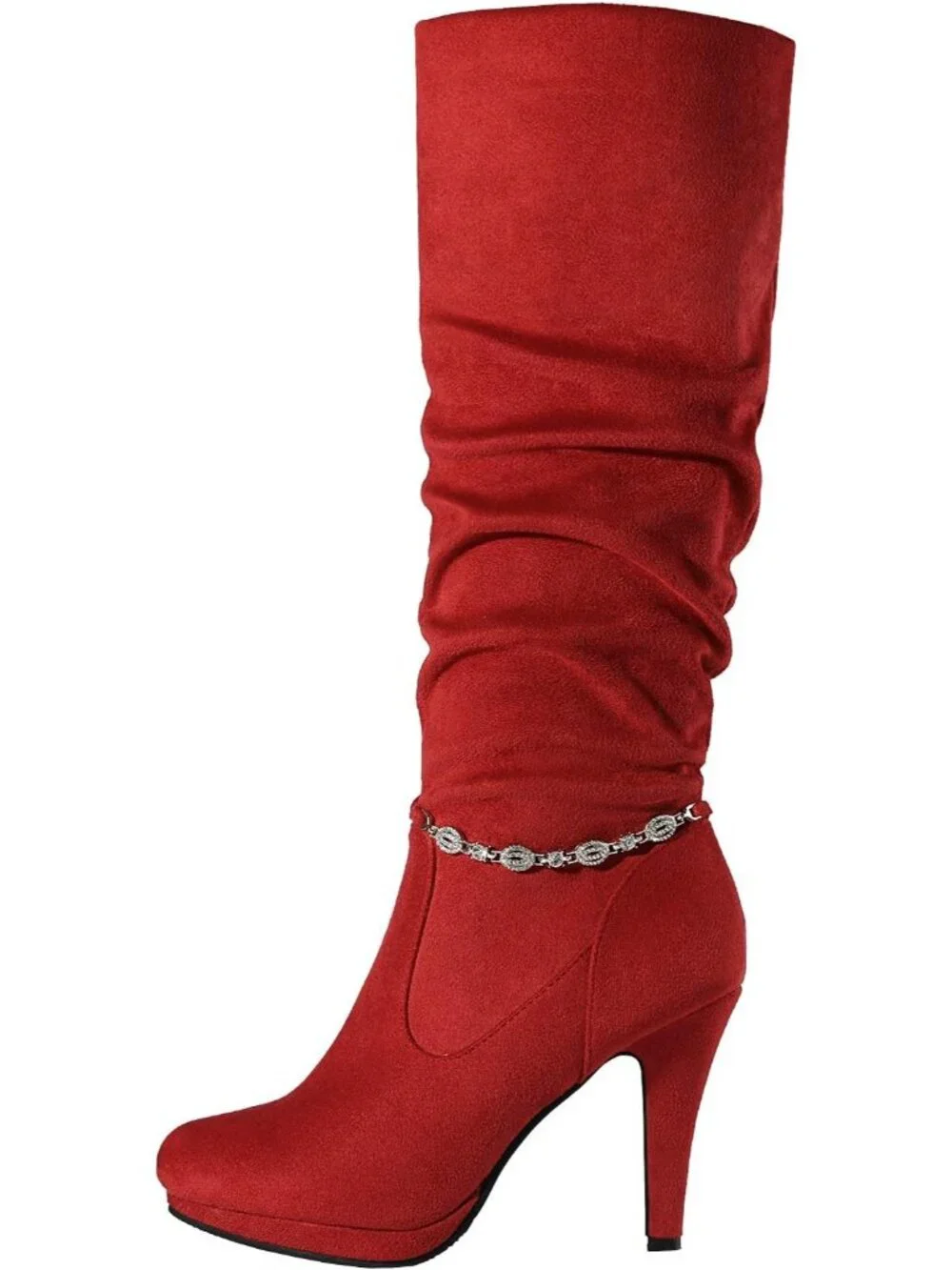Women's Red Stiletto Heel Rhinestone Chain Side Zipper Knee High Boots